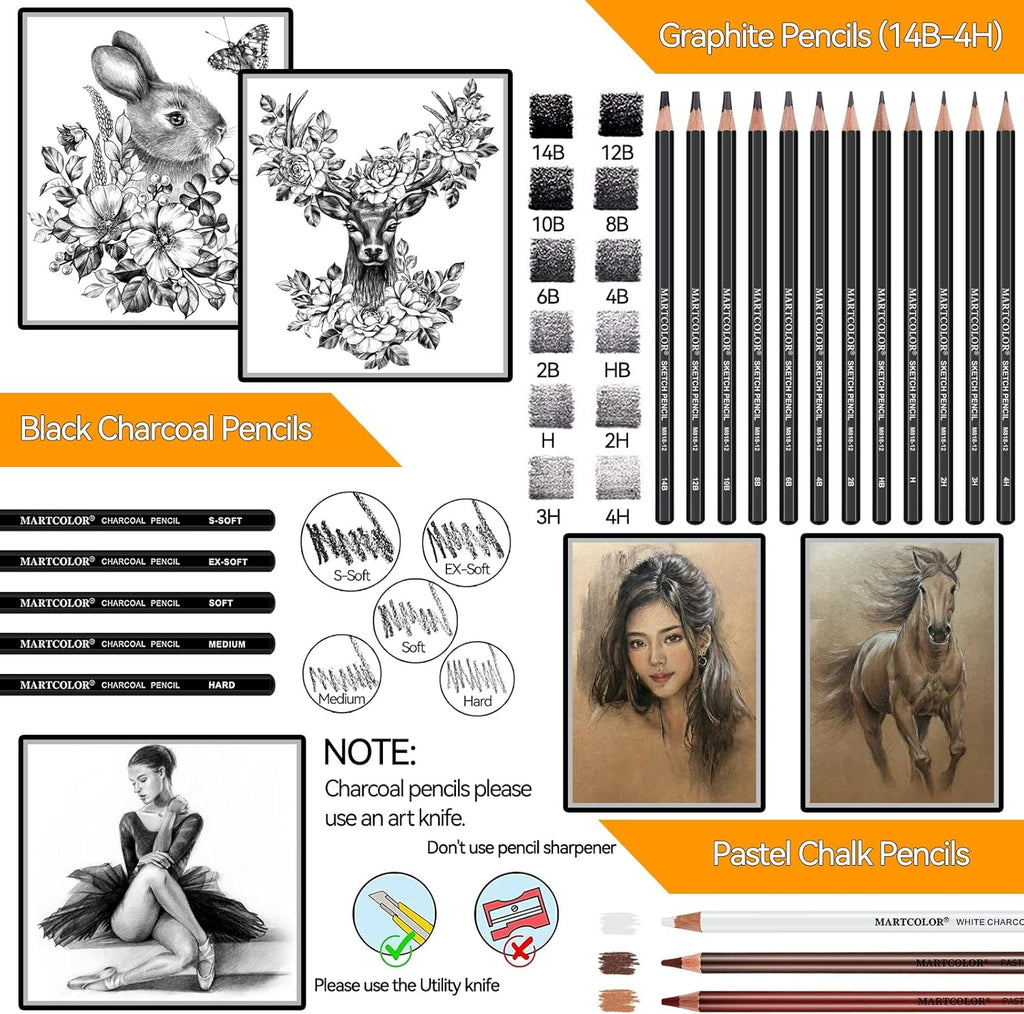 Drawing Sketching Pencils Set, 34 Pieces Pro Art Pencil Kit - Graphite Pencils (14B-4H), Charcoal Pencils, Charcoal Sticks, Artist Pencils for Beginners & Pro Artists
