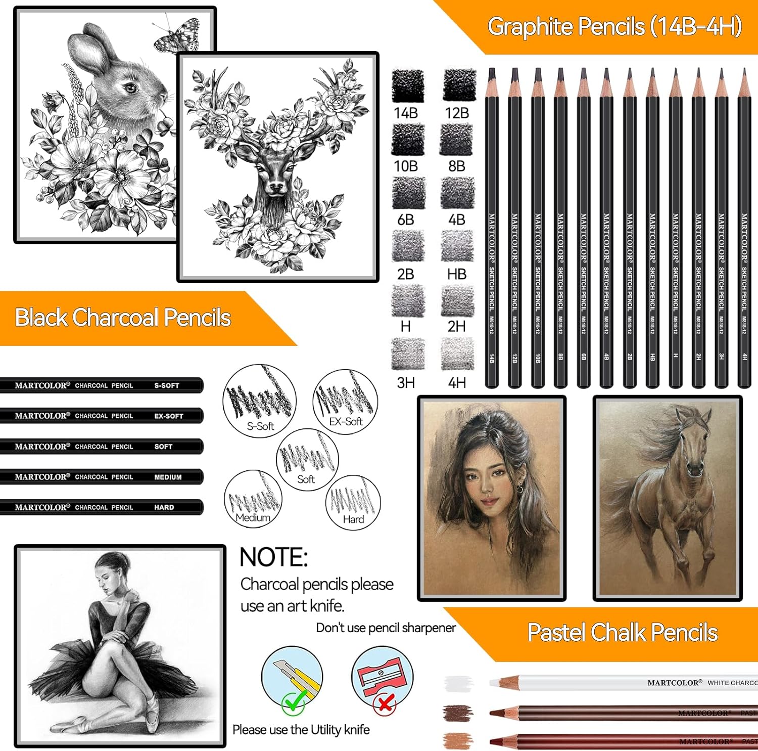 Drawing Sketching Pencils Set, 34 Pieces Pro Art Pencil Kit - Graphite Pencils (14B-4H), Charcoal Pencils, Charcoal Sticks, Artist Pencils for Beginners & Pro Artists