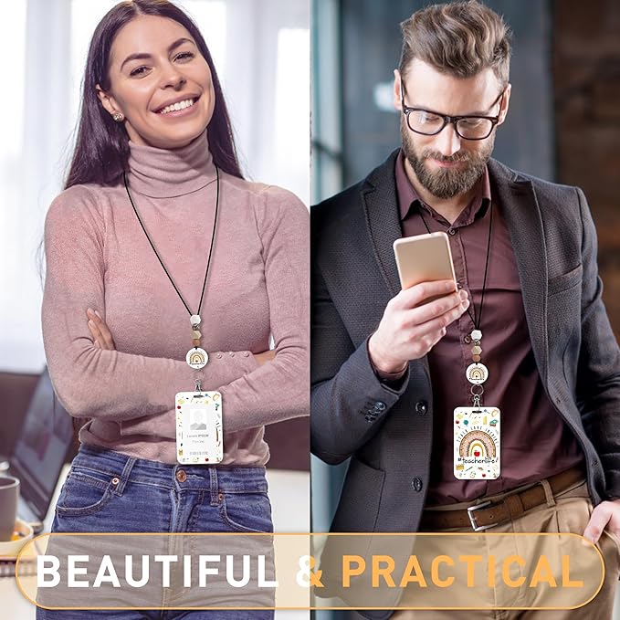 Teacher Lanyard with ID Holder, Leopard Print Rainbow Teach Love Inspire Teaching Supplies Badge Holder with Beaded Adjustable Lanyard, Teachers Gifts