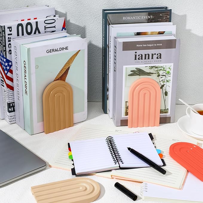 Harloon 4 Pieces Boho Arch Wood Bookends Rainbow Arch Back to School Gift Ideas Non Skid Bookend Decorative Wooden Book Stand Book Stoppers for Books Movies CDs(Cute Color)