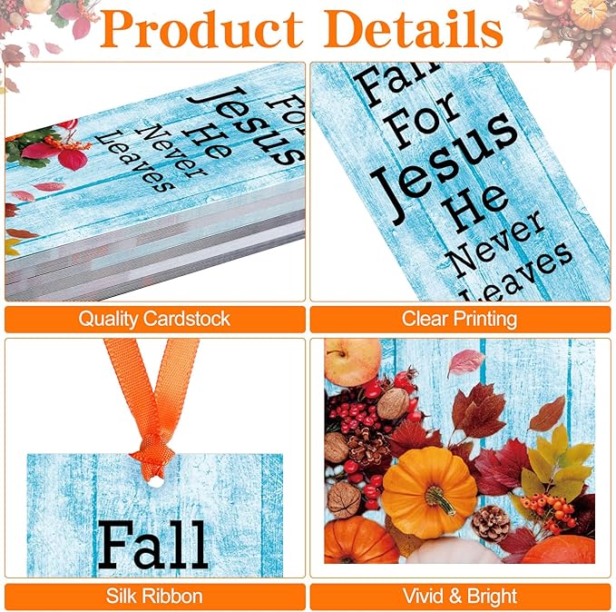60 Pcs Fall for Jesus He Never Leaves Bookmark Religious Christian Bookmarks Autumn Thanksgiving Exchange Gifts for Church Home Party Favors