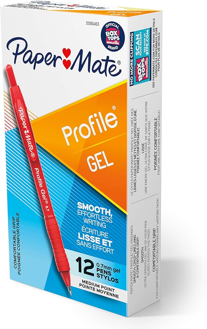 Paper Mate Gel Pen, Profile Retractable Pen, 0.7mm, Red, 12 Count