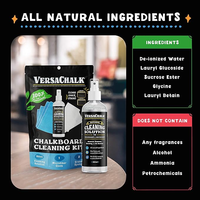 VersaChalk 100% Natural Chalkboard Dry Erase Cleaner Spray 250 mL - Erase Liquid Chalk Markers Ink - For Chalkboard, Whiteboard, and Dry Erase Surfaces