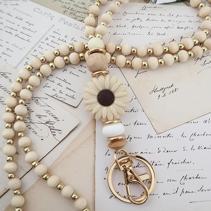 Wooden Teacher Lanyards for Id Badge Cute Flower Wood and Gold Beaded Lanyards for Women for Nurse Badge