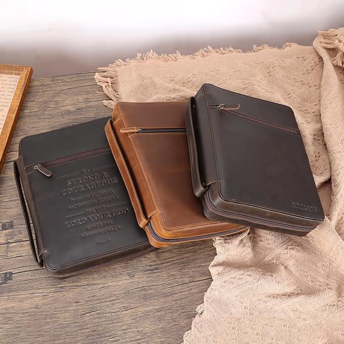 Polare Full Grain Leather Bible Cover Church Bag Bible Protective Book Holder Carrying Case Folder Organizer Portfolio for Men and Women (Light Brown)