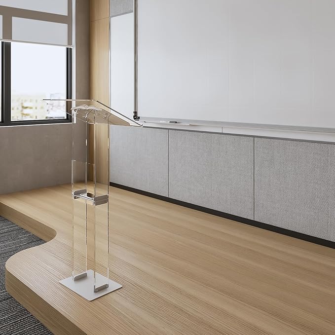HMYHUM Acrylic Podium Stand, Clear Lecterns & Pulpits for Classroom, Weddings, Churches, Speech, with Storage Shelf, Metal Base, 23.6" L x 15.7" W x 46.1" H, Modern