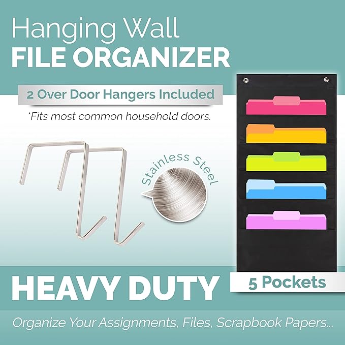 Hippo Creation Heavy Duty Storage Pocket Chart for Classroom, 5 Pocket Storage Organizer with 2 Over-Door Hangers, Hanging Wall Organizer for File Folders, School Mailbox, Home Office Papers - Black