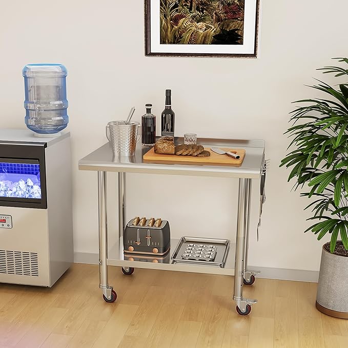 YITAHOME 36" x 24" Stainless Steel Table with Wheels for Prep & Work with Backsplash, NSF Metal Table Prep Table with Undershelf for Home Kitchen Restaurant Garage Warehouse