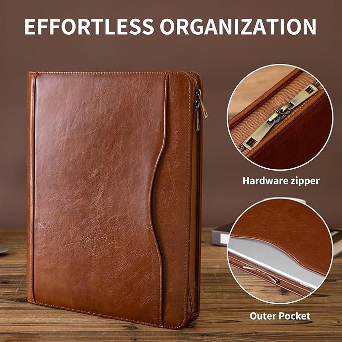 YIWEN Handmade Crazy-Horse Leather 3 Ring Binder Portfolio Padfolio Folder with Zipper for Men and Women, Business Organizer for Letter A4 Size for Meeting and Travel (Non-custom, Oil Wax-brown)
