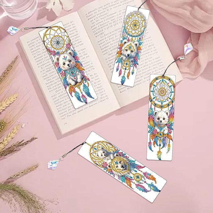 4 Pcs 5D Diamond Art Bookmarks for Book Lovers, Cute Animal Dreamcatcher Rhinestone PU Leather Diamond Crafts Bookmarks for Adults, Tassel Beaded Book Mark for Graduation Birthday Reading Present
