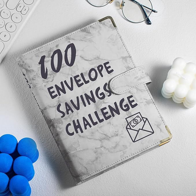 100 Envelopes Challenge Binder Savings Challenges Book, A5 Money Saving Planner Cash Envelope Budget Binder with Erasable Pen, Easy and Fun Way to Save $5,050, 10,000 and $500 (Marble Gray)