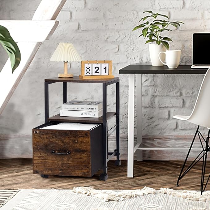 2 Tier Metal Mobile Under Desk Home Printer Stand with Storage Drawer Small File Cabinet for Home Office with Wheels Printer Tables for Small Spaces, Rustic Brown