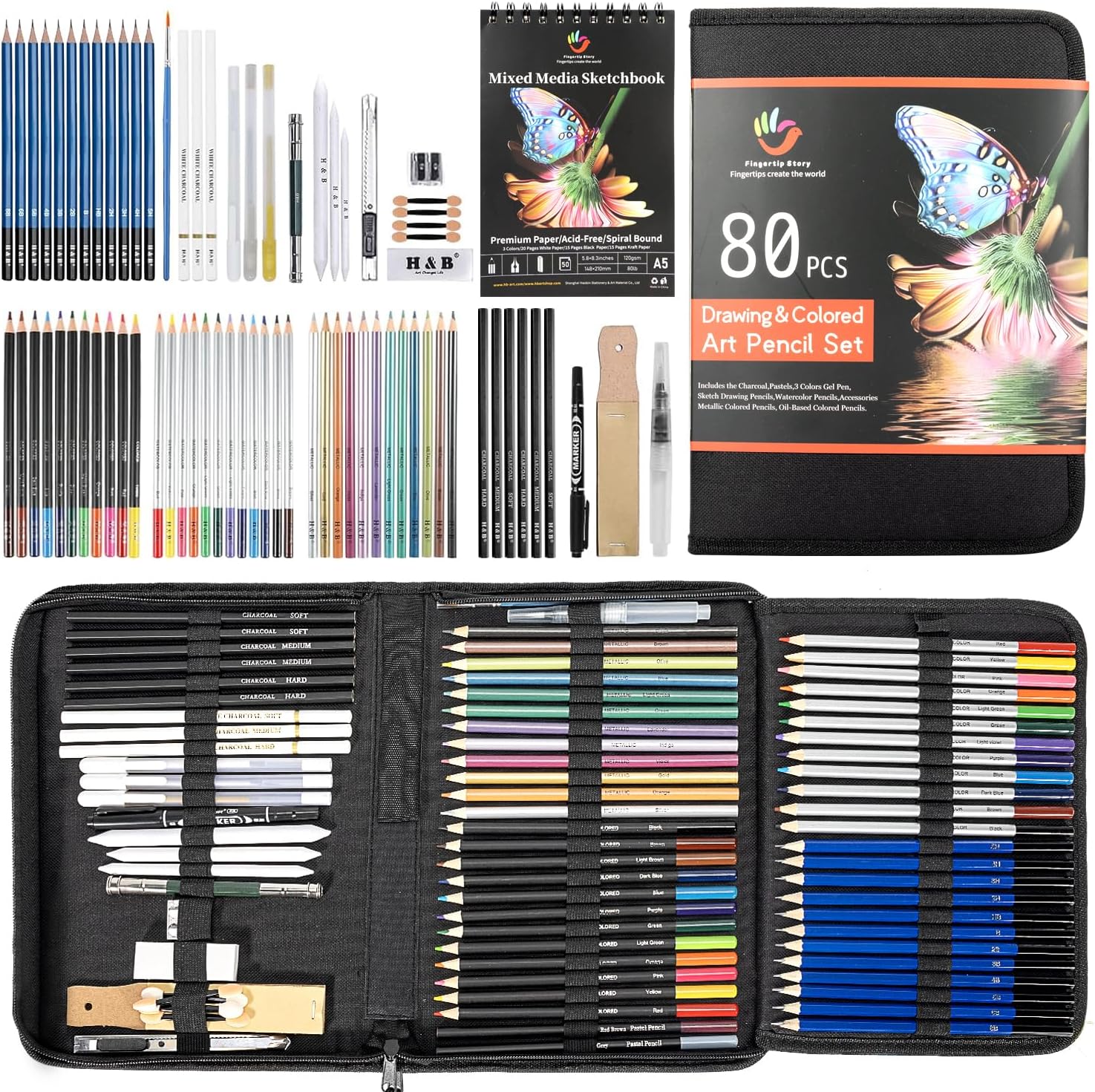 H & B 80-Pack Colored Sketching Art Pencil Set with 3-Color Sketchbook and Coloring Book - Includes Graphite, Watercolor, Metallic, and Oil-Based Colored Pencils