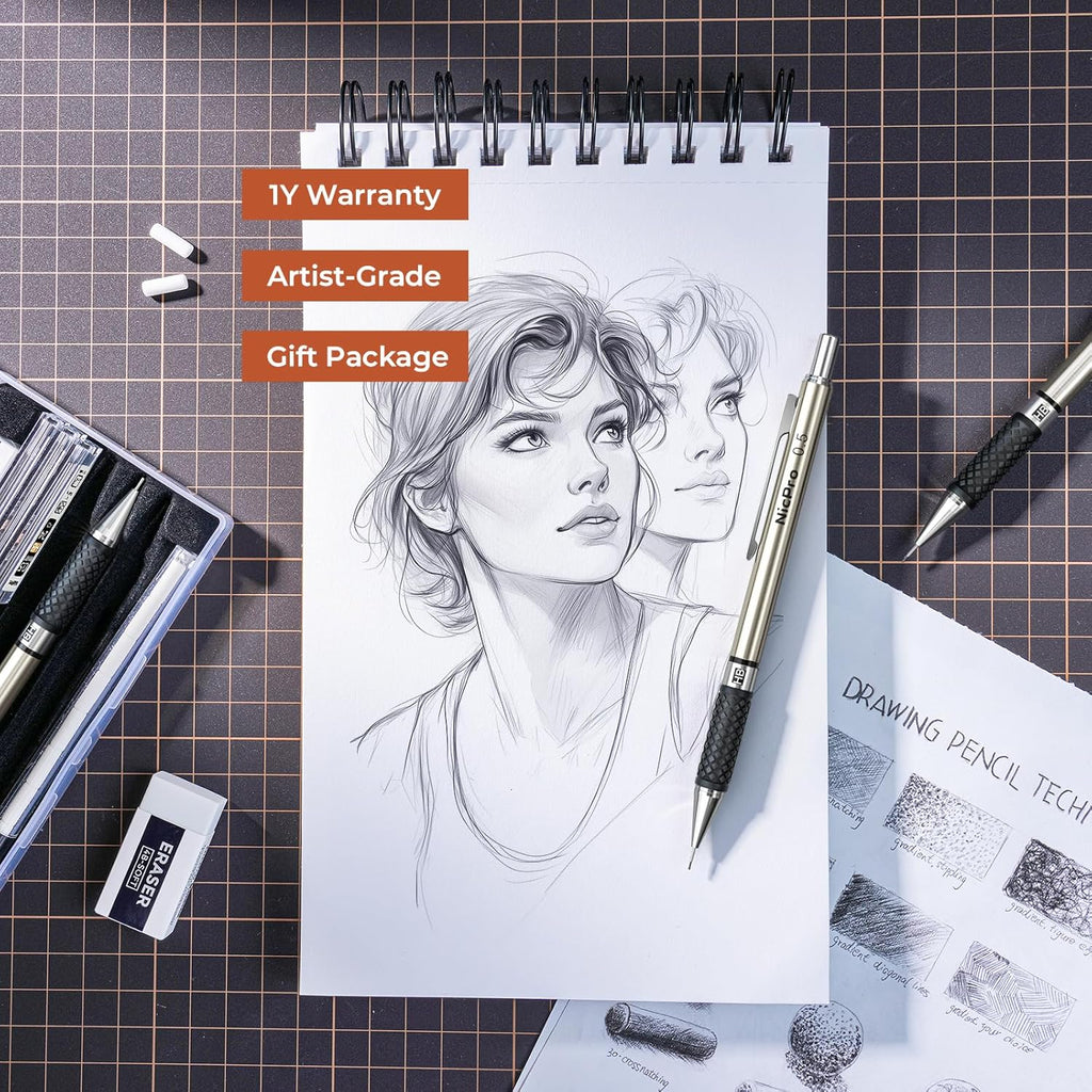 Nicpro RG1000 0.5 mm Art Mechanical Pencil Set in Storage Case, 3 PCS Metal Drafting Pencil Lead Pencil with 6 Tube HB Refills, 3 Erasers, 9 PCS Eraser Refills for Artist Writing, Drawing, Sketching