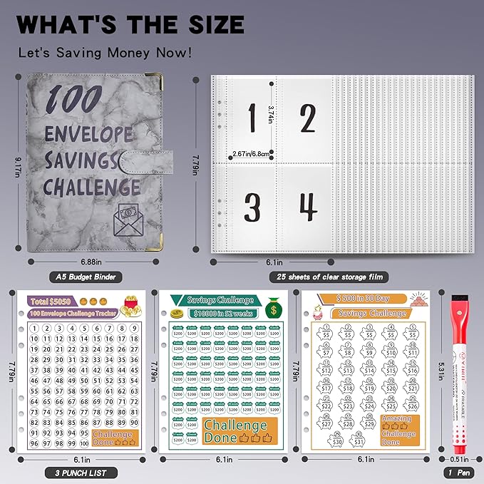 100 Envelopes Challenge Binder Savings Challenges Book, A5 Money Saving Planner Cash Envelope Budget Binder with Erasable Pen, Easy and Fun Way to Save $5,050, 10,000 and $500 (Marble Gray)