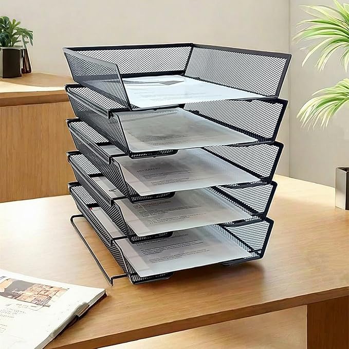 5 Tier Letter Tray Desk File Organizer,Metal Paper Organizer for Office Supplies,Black