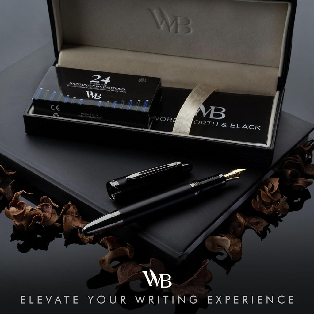 Wordsworth & Black Majesti Fountain Pen-(Black), Luxury Case, 24K Gold Finish; 18K Gilded Medium Nib- Ink Cartridges, Refillable Ink Converter-Calligraphy Pen-Best Business Gift Set for Men & Women