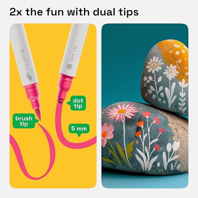 ARTISTRO 60 Acrylic Paint Markers for Fabric, Rocks, Paper, Wood, Canvas, Glass, DIY - Safe for Kids Dual Tip Acrylic Paint Pens (Dual Tip Dot + Brush, 60)