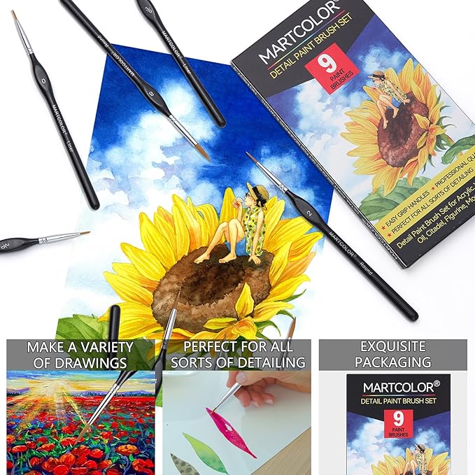 Detail Paint Brush Set, 9pcs Miniature Paint Brushes for Fine Detailing, Art Painting, Micro Paint Brush Set for Acrylic, Watercolor, Oil, Paint by Number, Citadel, Figurine, Models, 40k