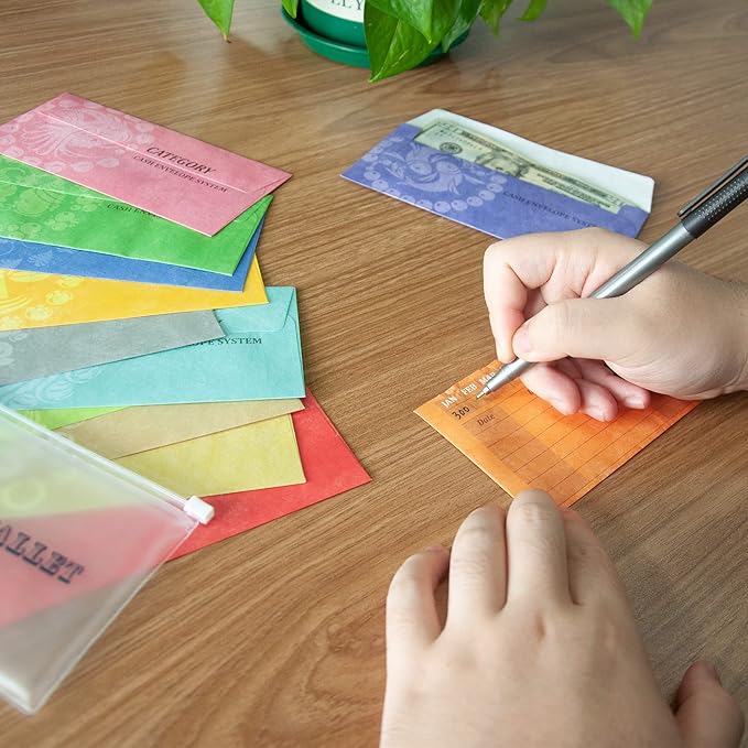 L LIKED Money Plastic Envelopes for Cash, Colored Cash Envelopes for Budgeting and Saving, 1 Zip Envelope and 12 Expense Tracking Budget Sheets, Waterproof and Tear-Resistant.