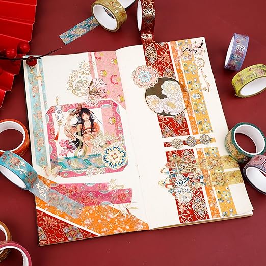 Lychii Washi Tape Set, 12 Rolls Vintage Masking Tape, Gold Foil Decorative Tape, 5M/16.4Ft Long Glitting Oriental Aesthetic Journaling Supplies for Planner, Bujo, Artistic Projects - 15mm