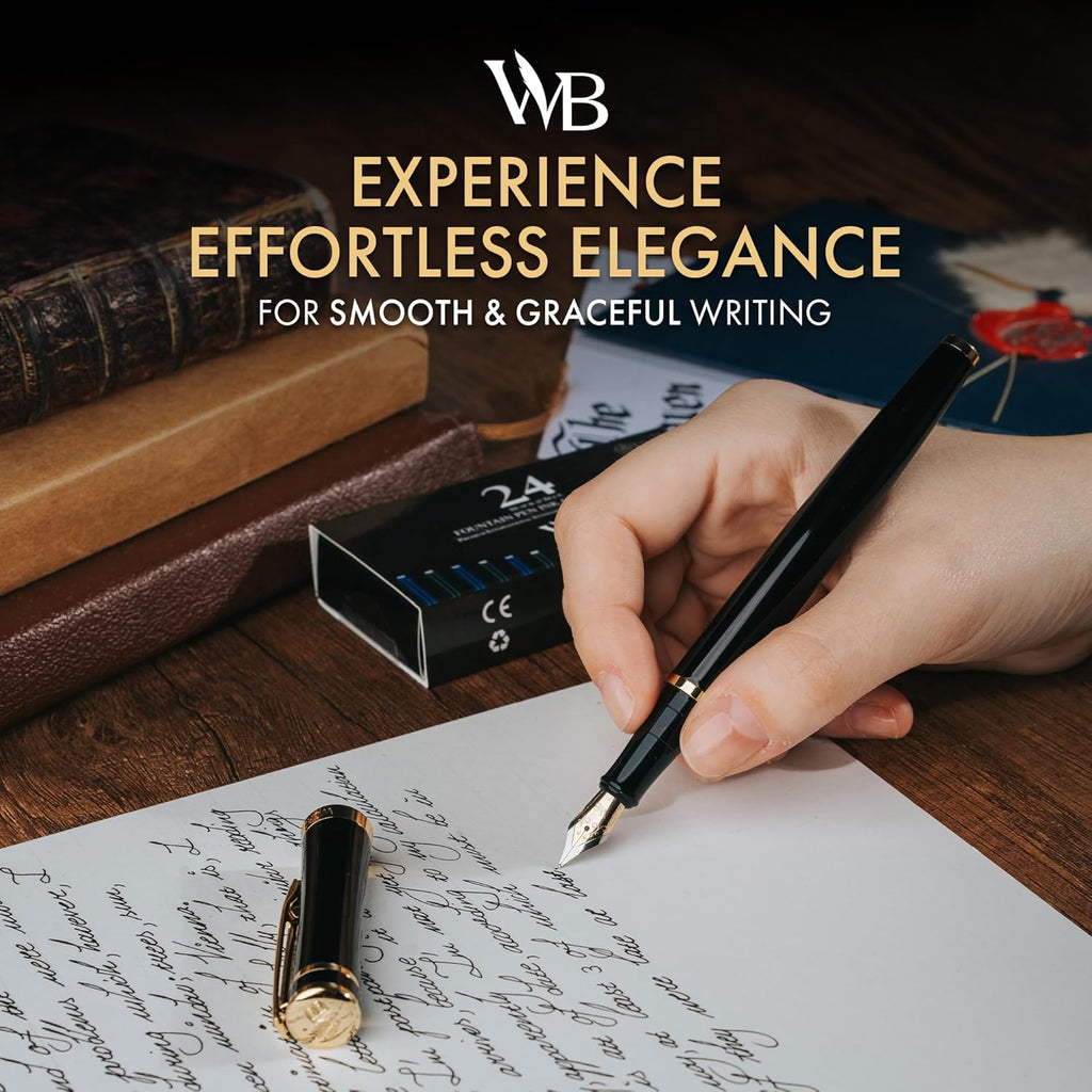 Wordsworth & Black Fountain Pen Set, 18K Gilded Fine Nib, Includes 24 Pack Ink Cartridges, Ink Refill Converter & Gift Box, Gold Finish, Calligraphy, [Black Gold], Perfect for Men & Women
