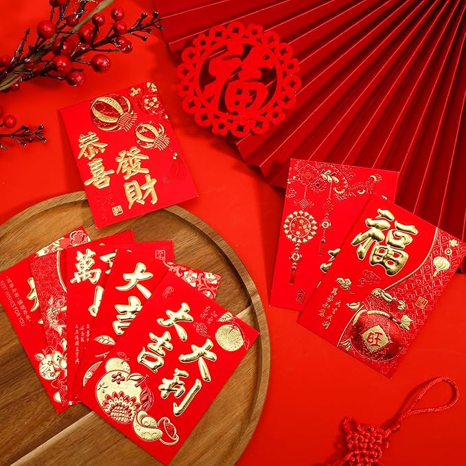 36pcs Chinese Red Envelopes, New Year Hong Bao with Classic Patterns and Blessing Words Lucky Money Lunar New Year Envelopes Lai See Pocket Gift Packet for Festival