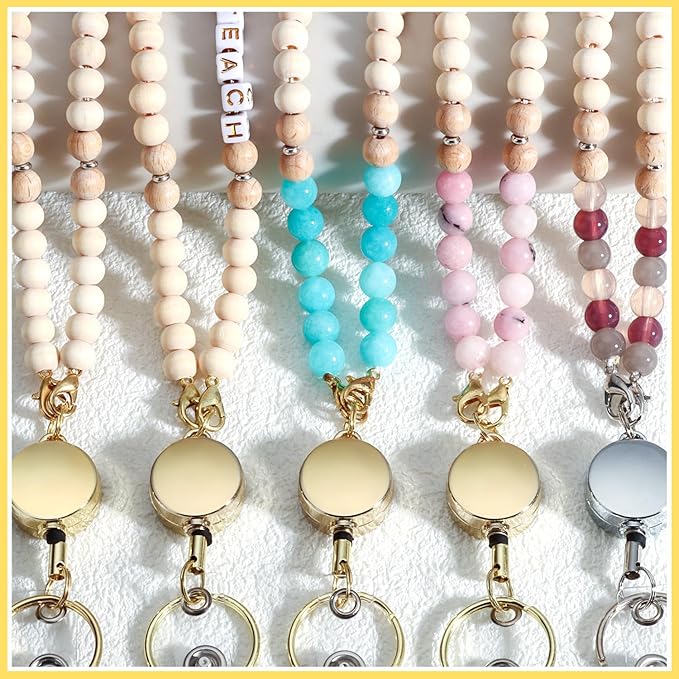 Teacher Lanyard with Id Holder, Cute Lanyards for Id Badges Keys, Retractable Natural Wooden Beaded Lanyard for Women, Stylish