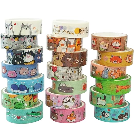 YUBBAEX 20 Rolls Cute Animals Washi Tape Set Gold Silver Foil Masking Cartoon Pets Decorative Tapes