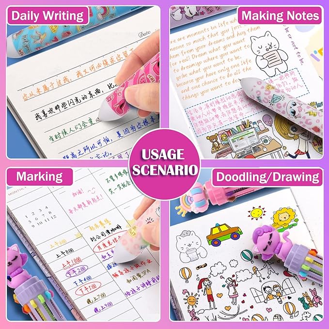 Multicolor Ballpoint Pen 0.7 mm, 10-in-1 Colored Pens Fine Point Retractable Cute Cartoon Cat Ballpoint Pens for Office School Students Kids Christmas Gift, 6 Pack