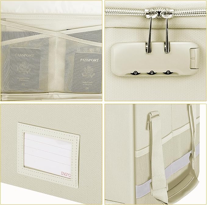 ENGPOW File Box with Lock, Fireproof Document Box with Zipper Lid,Collapsible File Storage Organizer Box Filing Box with Handle,Portable Home Office Safe Box for Hanging Letter/Legal Folder,Beige