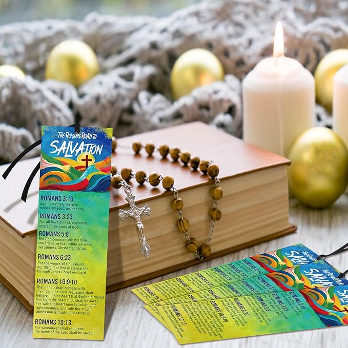 100 Pcs Romans Road to Salvation Bookmarks 6 x 2 Inches Roman's Road Cardstock Bookmark with 100 Pcs Hanging Strings
