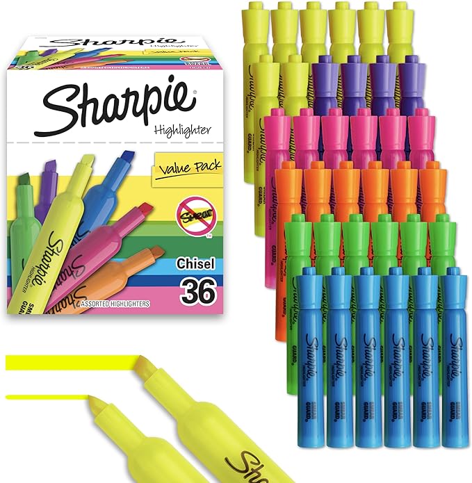 Sharpie Tank Highlighters, Fluorescent And Pastel Highlighters, Chisel Tip Highlighter Markers Set, Teacher And Office Supplies, School Supplies, Assorted Color, Value Pack, 36 Count