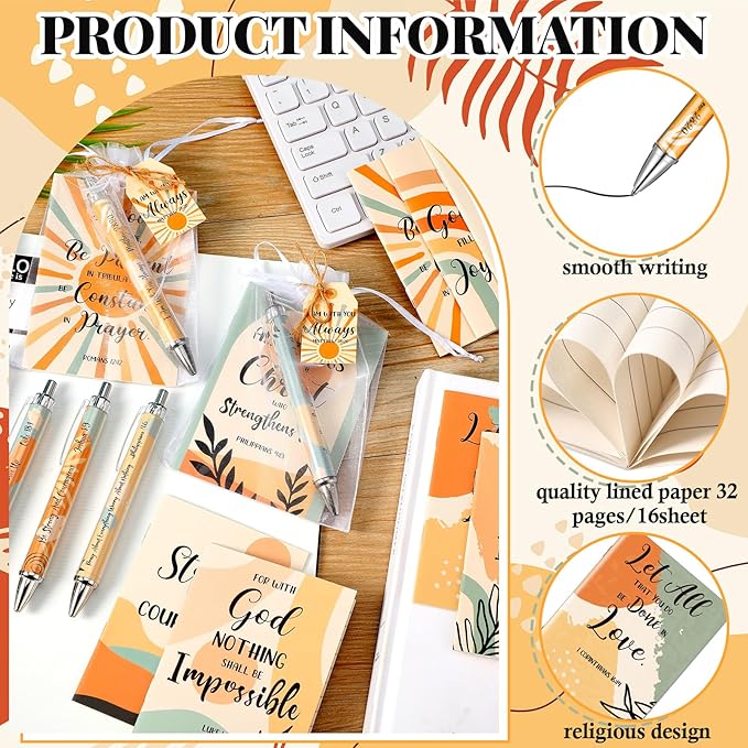 200 Pcs Bible Verse Sets Church Christian Gift Include 50 Scripture Notebooks 50 Bible Bamboo Pens 50 Thanks Tags 50 Organza Bags for Women Man Christian Party Gifts(Boho Color,Bohemian)