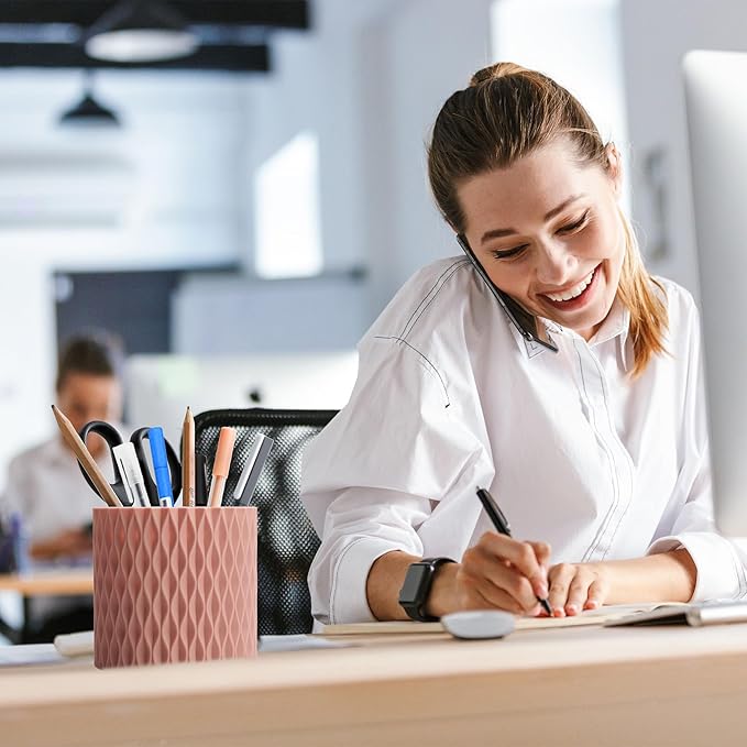 Pencil Holder For Desk - 360° Rotation, 5 Slot Desk Supplies For Women Office Aesthetic. Pencil Holder For Office&School, Desk Accessories(Pink)