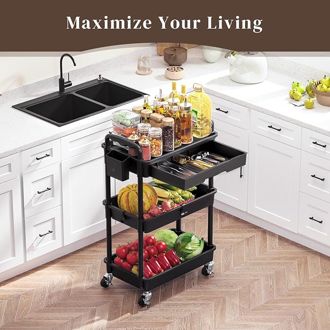 Rolling Utility Cart with Drawer 3 Tier, Utility Storage Organizer with Plastic Shelf & Lockable Wheels Multifunctional Storage Cart for Kitchen, Bathroom, Office, Living Room, Black