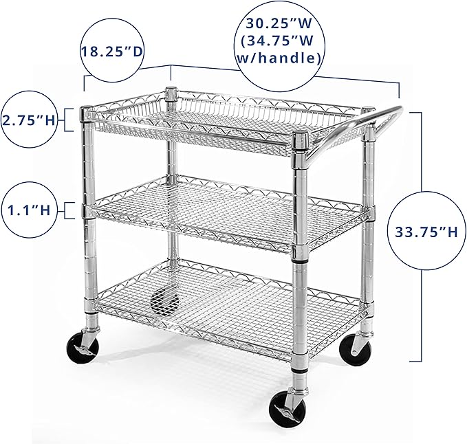 Seville Classics UltraDurable NSF Commercial Heavy Duty Metal Rolling Utility Cart, w/ Steel Shelves, Handle Bar for Restaurant, Garage, Warehouse, Kitchen, Office, Deep Top Basket (34.75"W x 18.25"D)