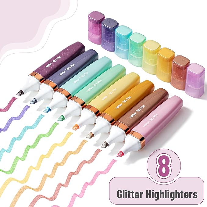 Mr. Pen- Glitter Highlighters, 8 Pack, Pastel and Metallic Colors, Chisel Tip, Highlighters Glitter Highlighter Markers, Sparkly Highlighters Aesthetic Highlighters, Sparkle Highlighters