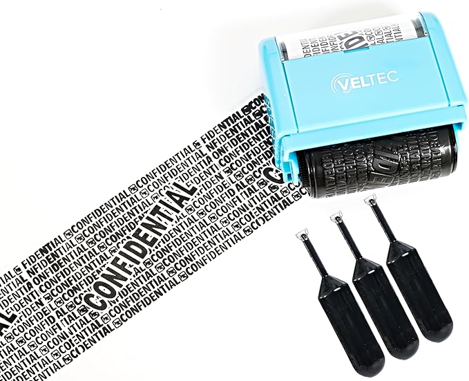Veltec ID Protector Ink Roller - Identity Theft Protection Roller Stamp Set (Blue, Stamp+3 Refills)
