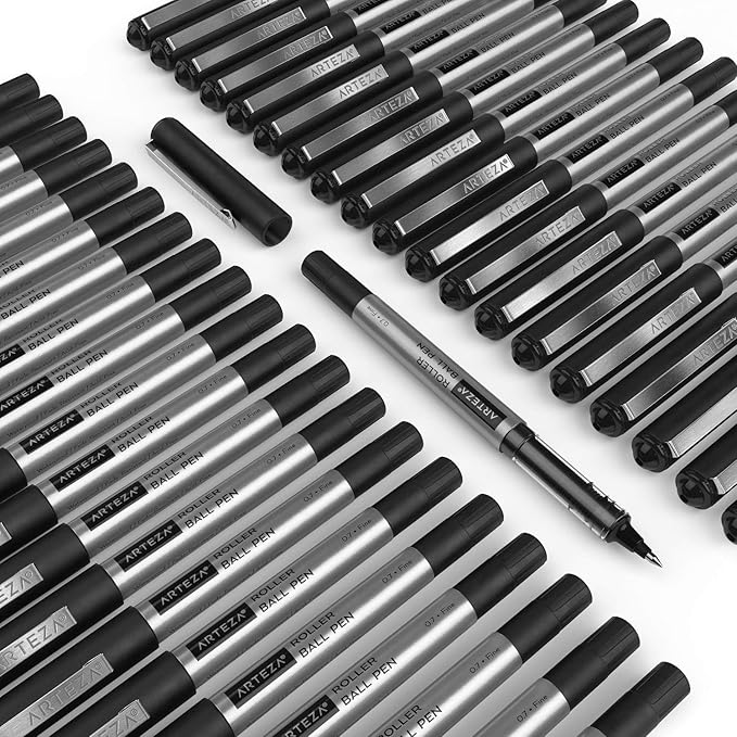 ARTEZA Rollerball Pens, Pack of 40, 0.7mm Black Liquid Ink Pens for Bullet Journaling, Fine Point Rollerball