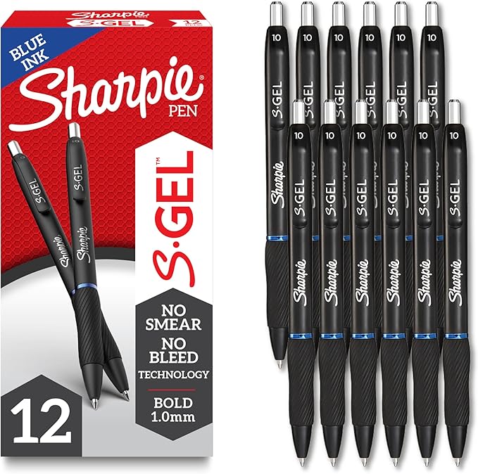 Sharpie S-Gel, Gel Pens, Drawing Pens, Gel Ink Pens For Journaling, Writing Pens, Coloring Pens, Bold Point Pens (1.0Mm), Blue Ink Gel Pen, 12 Count