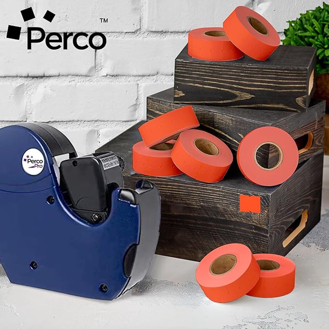 Perco 2 Line Fluorescent Red Labels - 32 Rolls, 4 Sleeves, 24,000 Blank Price and Date Gun Labels for Perco 2 Line Price and Date Guns - Made in USA