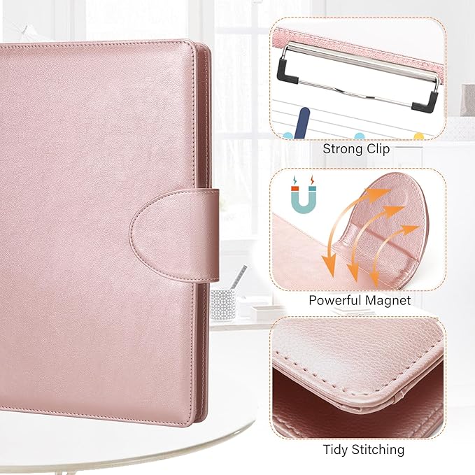 Toplive Portfolio 3 Ring Binder Padfolio Folder, Business Interview Resume Portfolio for Women Men A4/Letter Size Document Organizer with Clipboard Receipt Sleeve Card Holder, Rose Gold