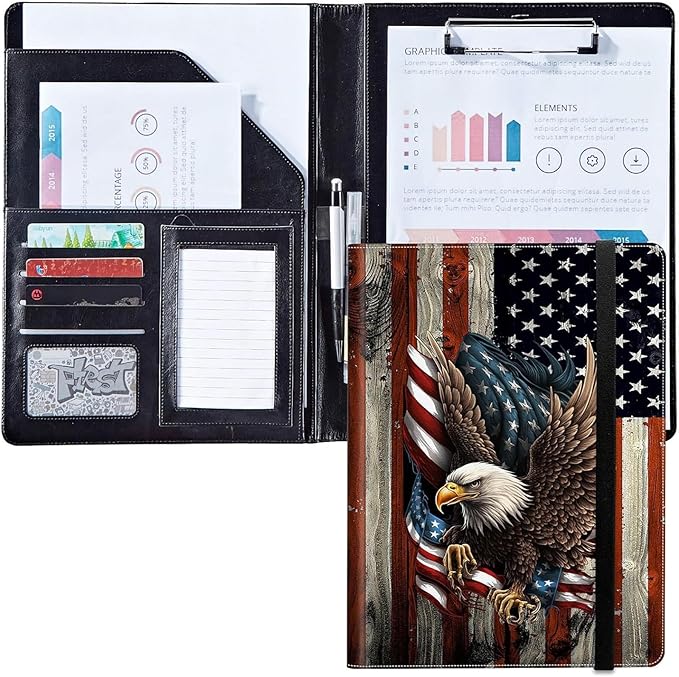 Padfolio/Portfolio Folder Clipboard,Bald Eagle with American Flag Personalized Leather Portfolio Padfolio for Men Women W/Resume Document Organizer Letter Size A4 Writing Pad Business Card Holders