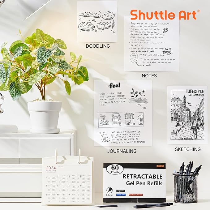 Retractable Gel Pen Refills, Shuttle Art 60 Pack Black Rollerball Gel Ink Pens Refills, Bulk Set, 0.7mm Fine Point for Writing Journaling Taking Notes School Office Home