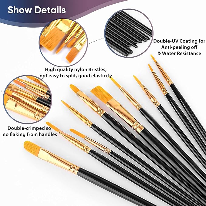 Paint Brushes Set, 20 Pcs Paint Brushes for Acrylic Painting, Oil Watercolor Acrylic Paint Brush, Artist Paintbrushes for Face Rock Canvas, Kids Adult Drawing Arts Crafts Supplies, Pure Black