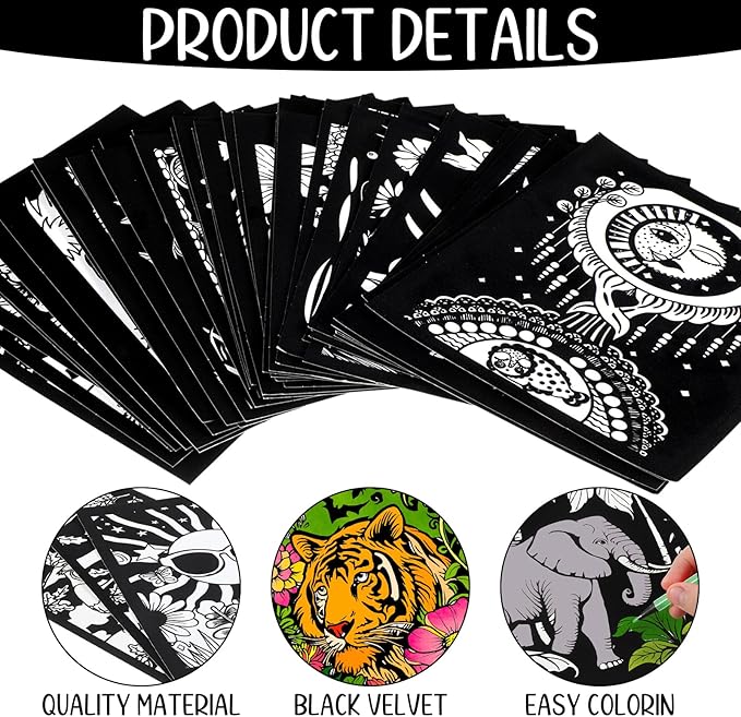 Zhanmai 48 Pcs Fuzzy Velvet Coloring Posters Artistic Edition Animal Coloring Sheets Fuzzy Color Sheets for Adults Teenagers DIY Coloring Poster for Family Craft Project