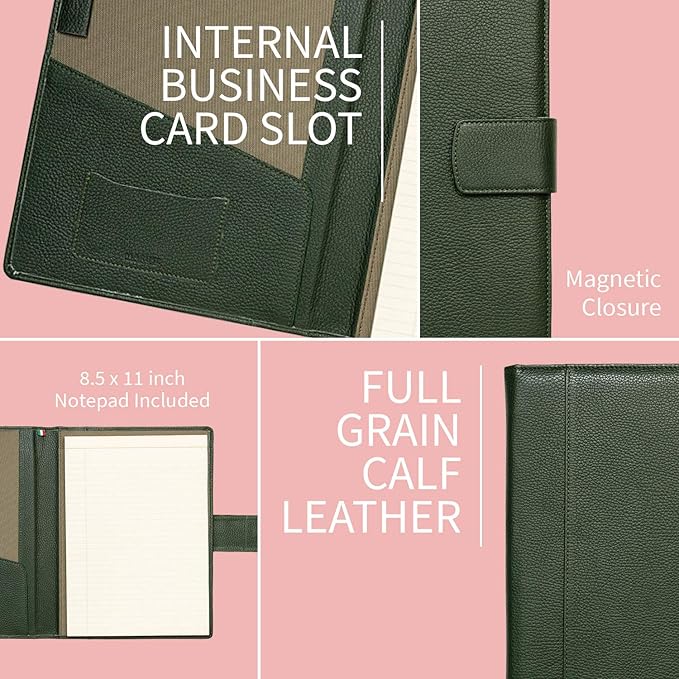 Maruse Italian Leather Executive Padfolio, Folder Organizer with Magnetic Closure and Writing Pad, Handmade in Italy, Dark Green