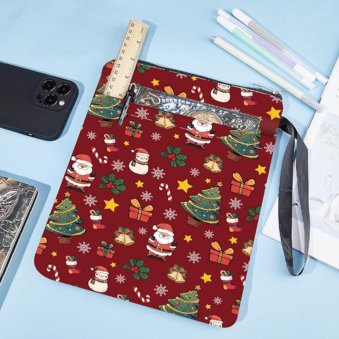CRASPIRE Christmas Tree Book Sleeve Santa Book Protector Xmas Book Covers for Paperbacks Washable Fabric Cloth Book Cover with Zipper and Extra Sleeve Pocket for Book Lovers Classmate Gifts