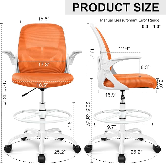 Primy Drafting Chair Tall Office Chair with Flip-up Armrests Executive Ergonomic Computer Standing Desk Chair with Lumbar Support and Adjustable Footrest Ring (Sunset Orange)